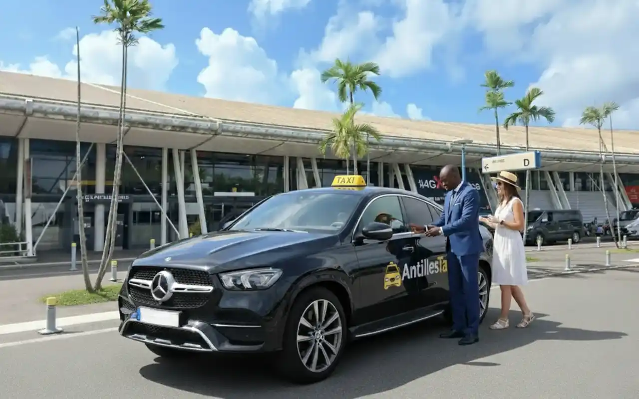 Taxi moderne AntillesTaxi en service sur une route de Martinique, prêt pour une réservation.