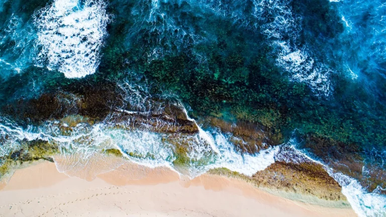 Vue aérienne d'une plage de Martinique au Vauclin, eau turquoise et sable blanc